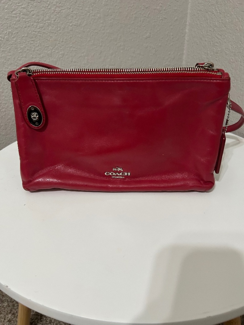Coach Red Leather Double Compartment Crossbody Purse Silver Turn Lock Adjustable
